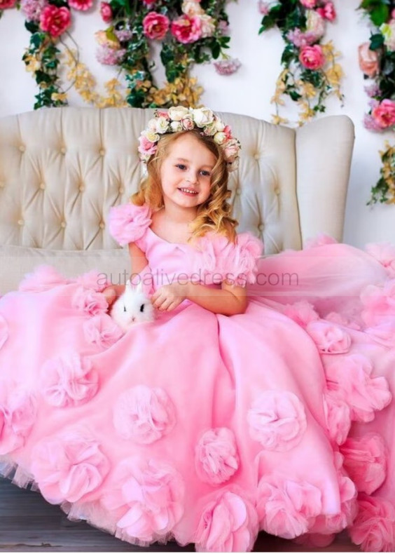 V Neck Pink Tulle Floral Maxi Flower Girl Dress